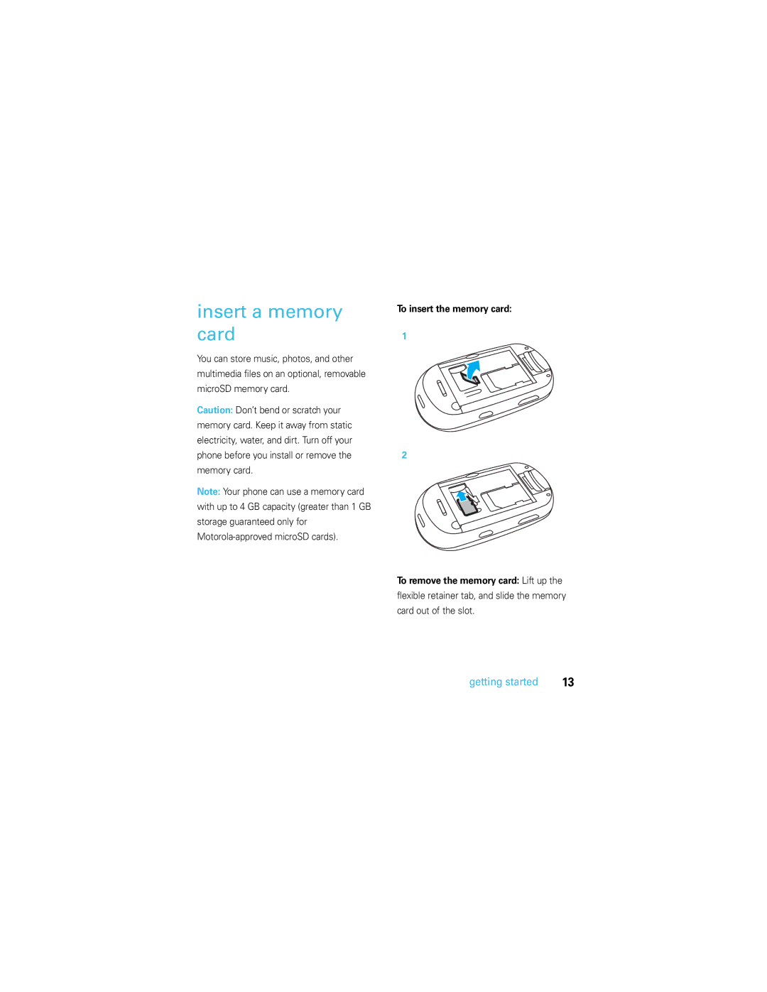 Motorola U9 manual Insert a memory card, To insert the memory card To remove the memory card Lift up 