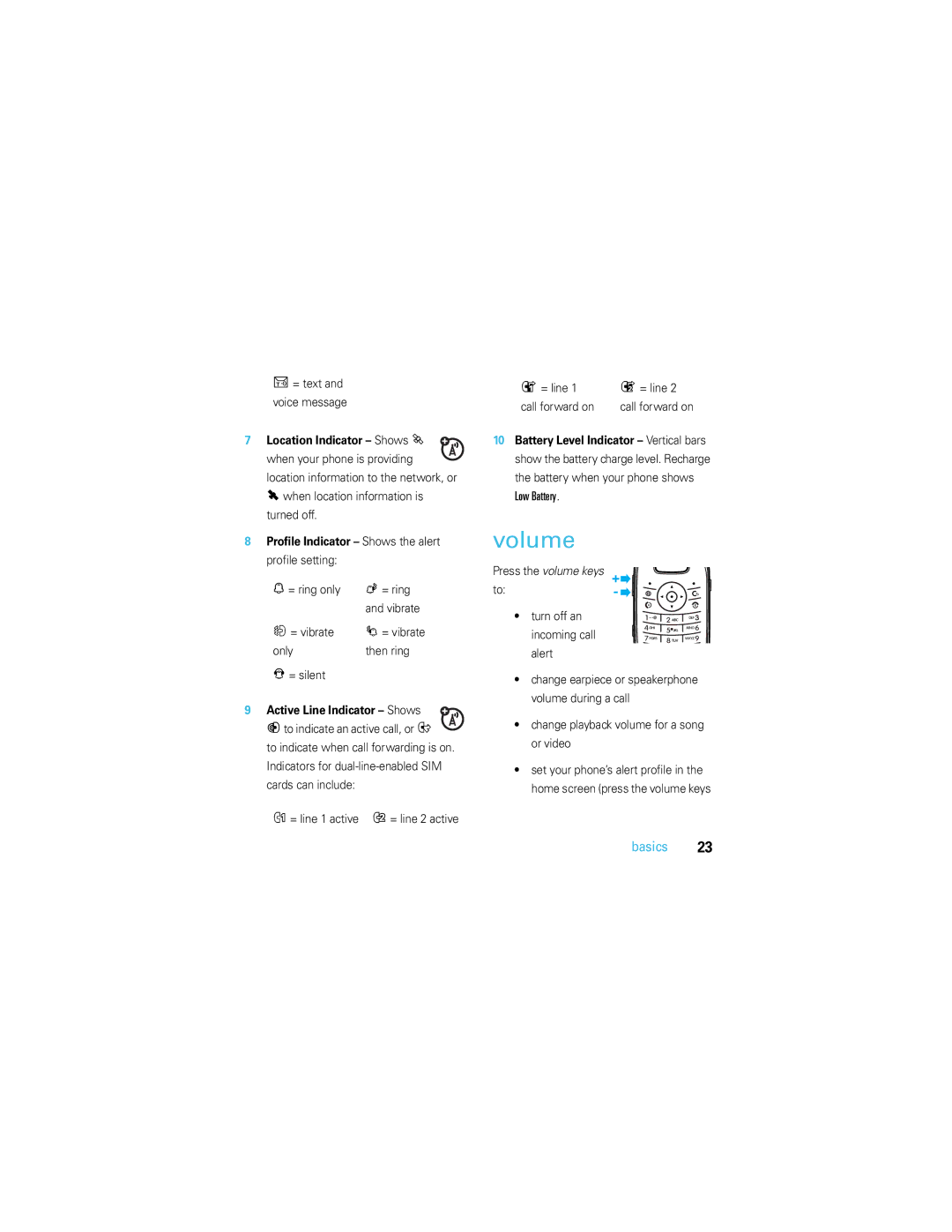 Motorola U9 manual Volume, Location Indicator Shows P, Profile Indicator Shows the alert profile setting 