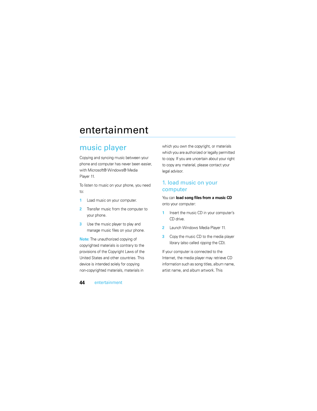 Motorola U9 manual Entertainment, Music player, Load music on your computer 