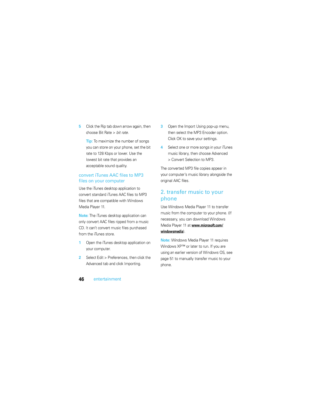 Motorola U9 manual Transfer music to your phone, Convert iTunes AAC files to MP3 files on your computer 