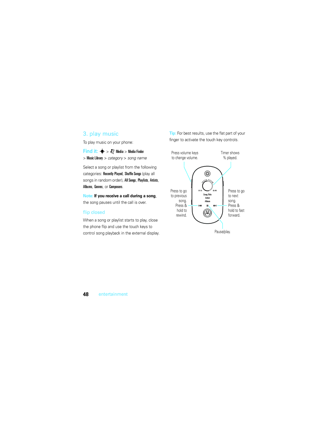 Motorola U9 manual Play music, Flip closed 