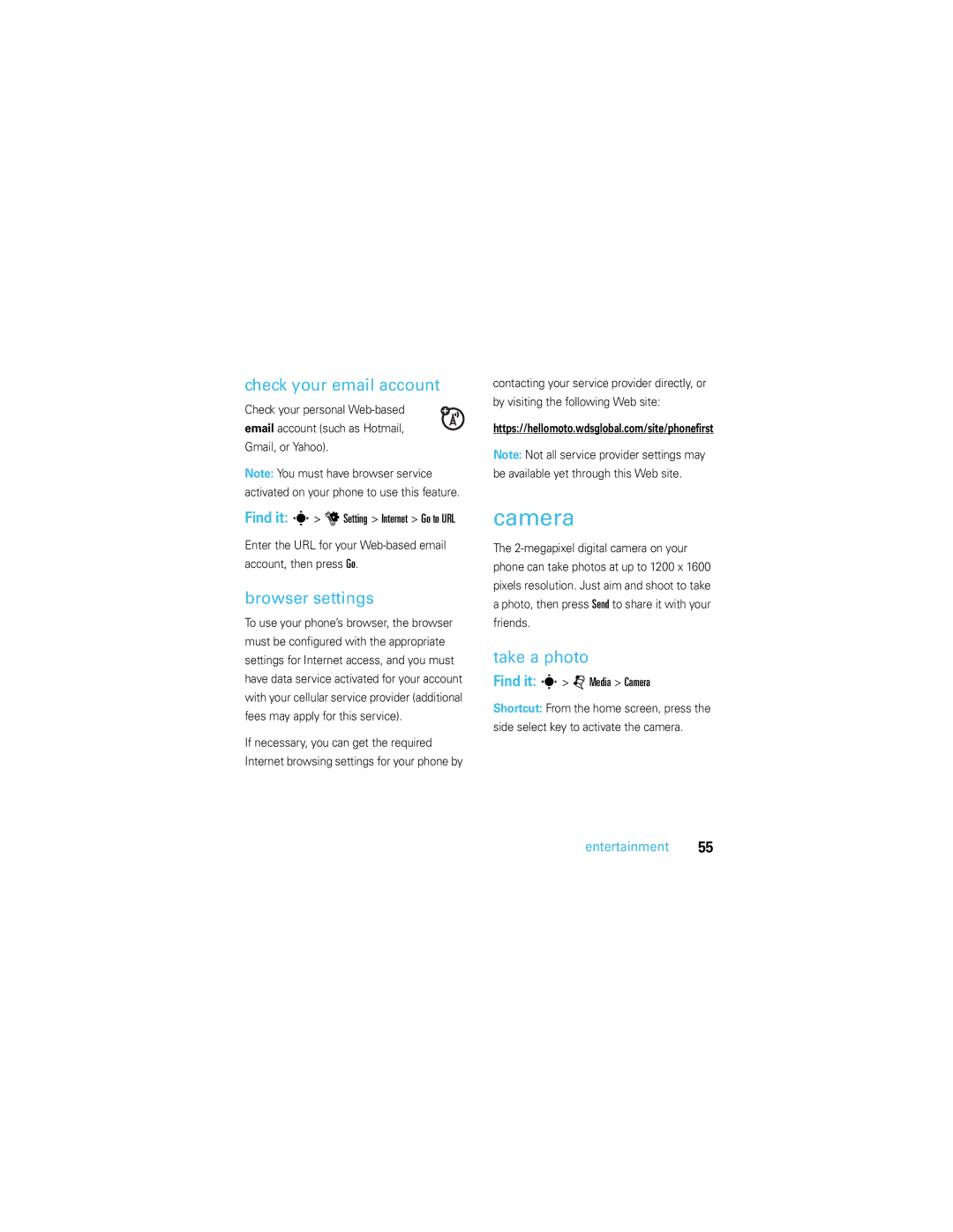 Motorola U9 manual Camera, Check your email account, Browser settings, Take a photo 