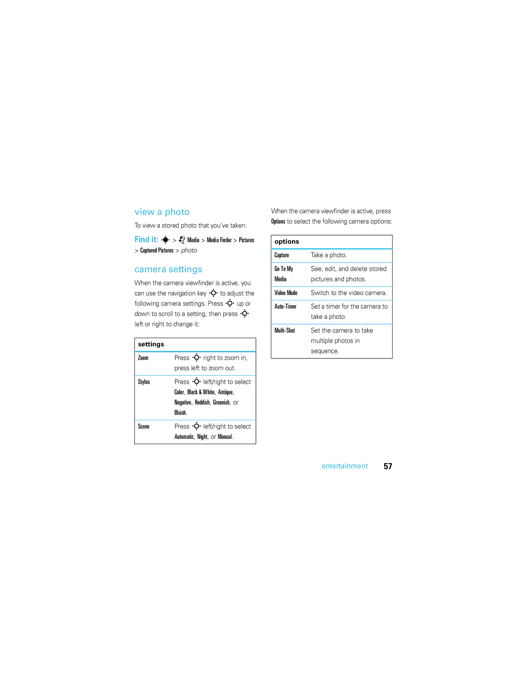 Motorola U9 manual View a photo, Camera settings, Settings 