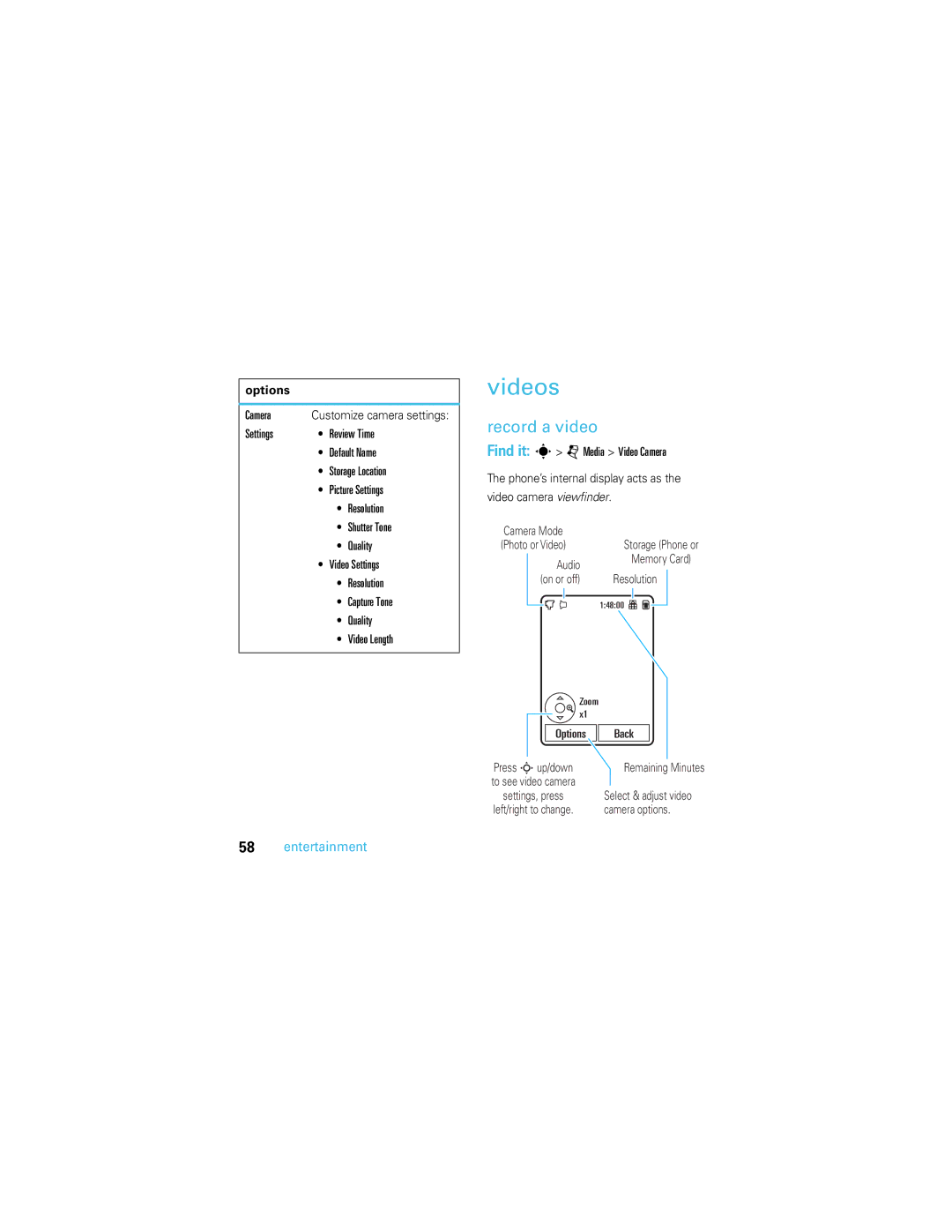 Motorola U9 manual Videos, Record a video, Camera, Audio, On or off 