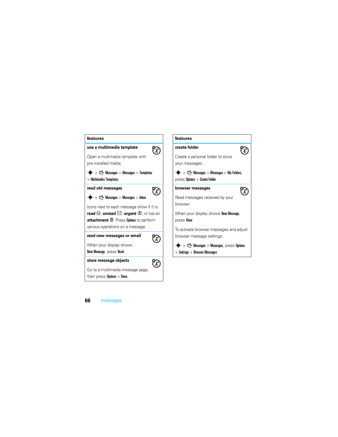 Motorola U9 manual Features Use a multimedia template, Read old messages, Read new messages or email, Store message objects 