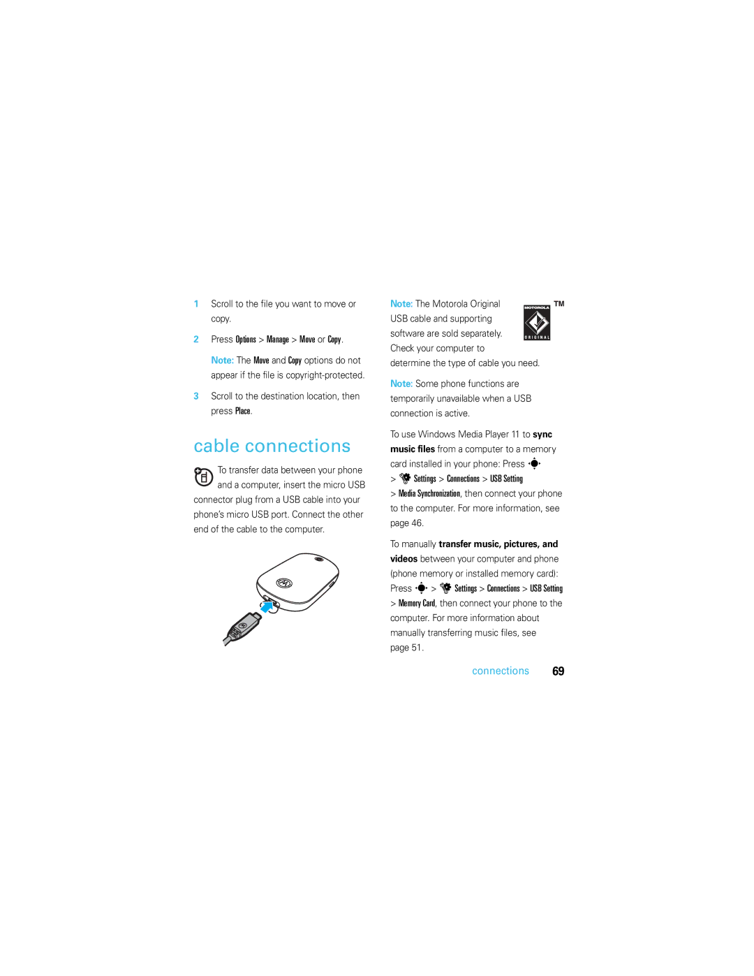 Motorola U9 manual Cable connections, Scroll to the file you want to move or copy, End of the cable to the computer 