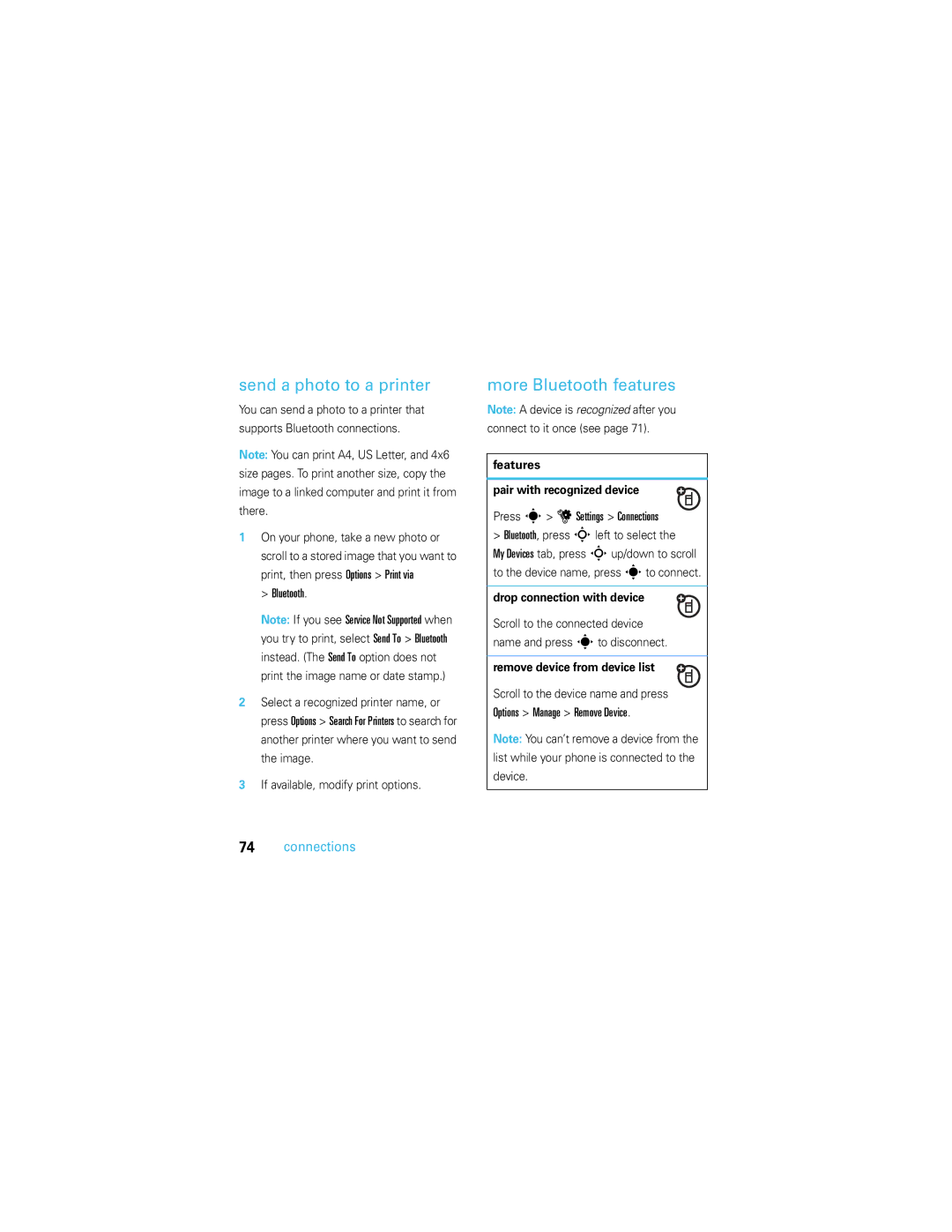 Motorola U9 manual Send a photo to a printer, More Bluetooth features, Features Pair with recognized device 