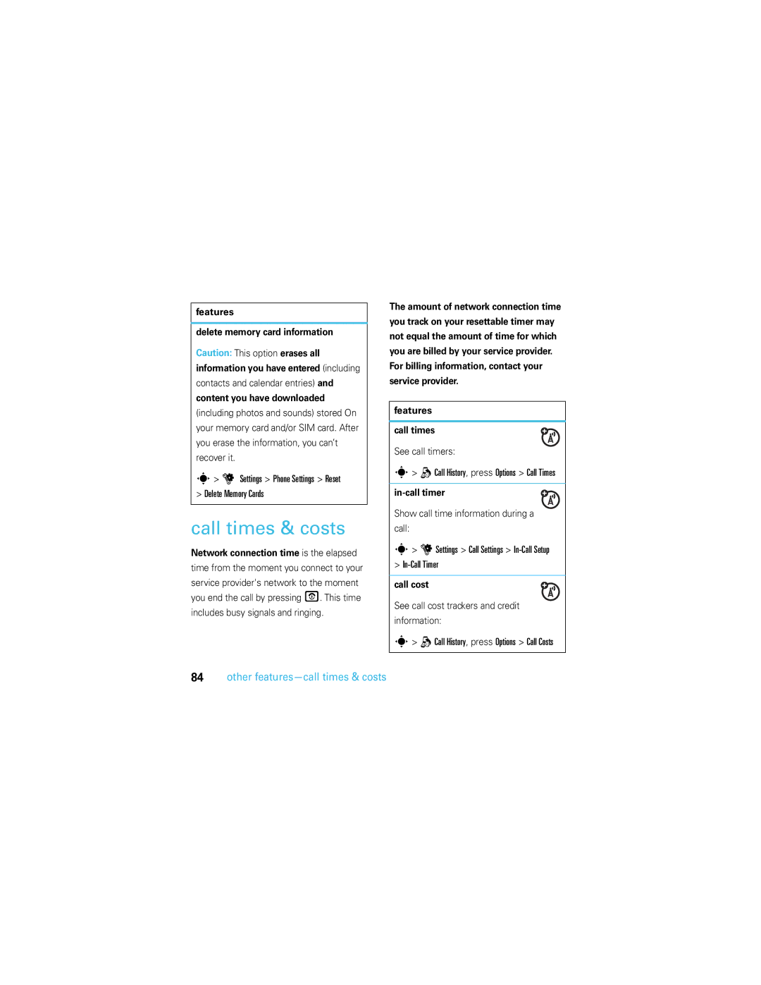 Motorola U9 manual Call times & costs, Other features-call times & costs 