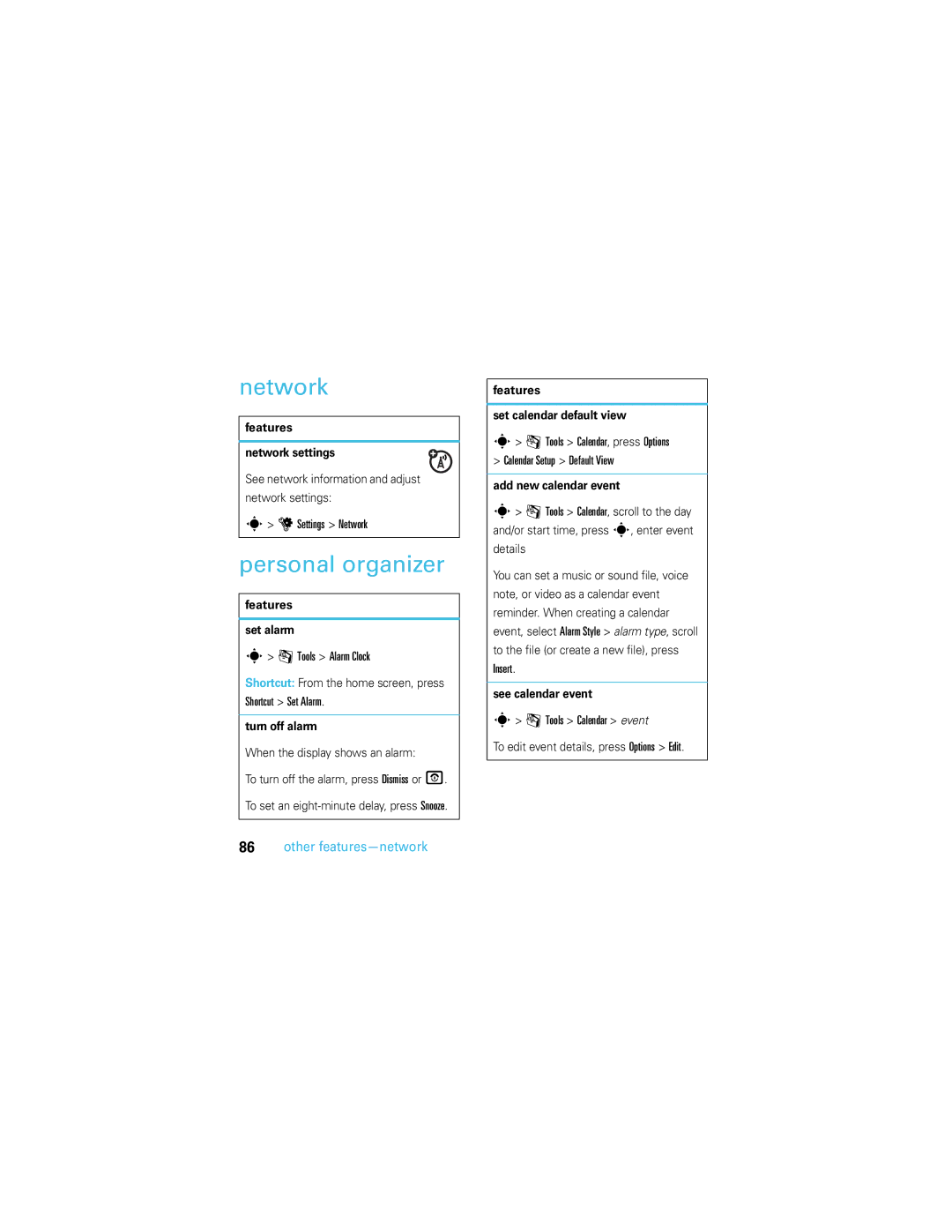 Motorola U9 manual Network, Personal organizer, Other features-network 