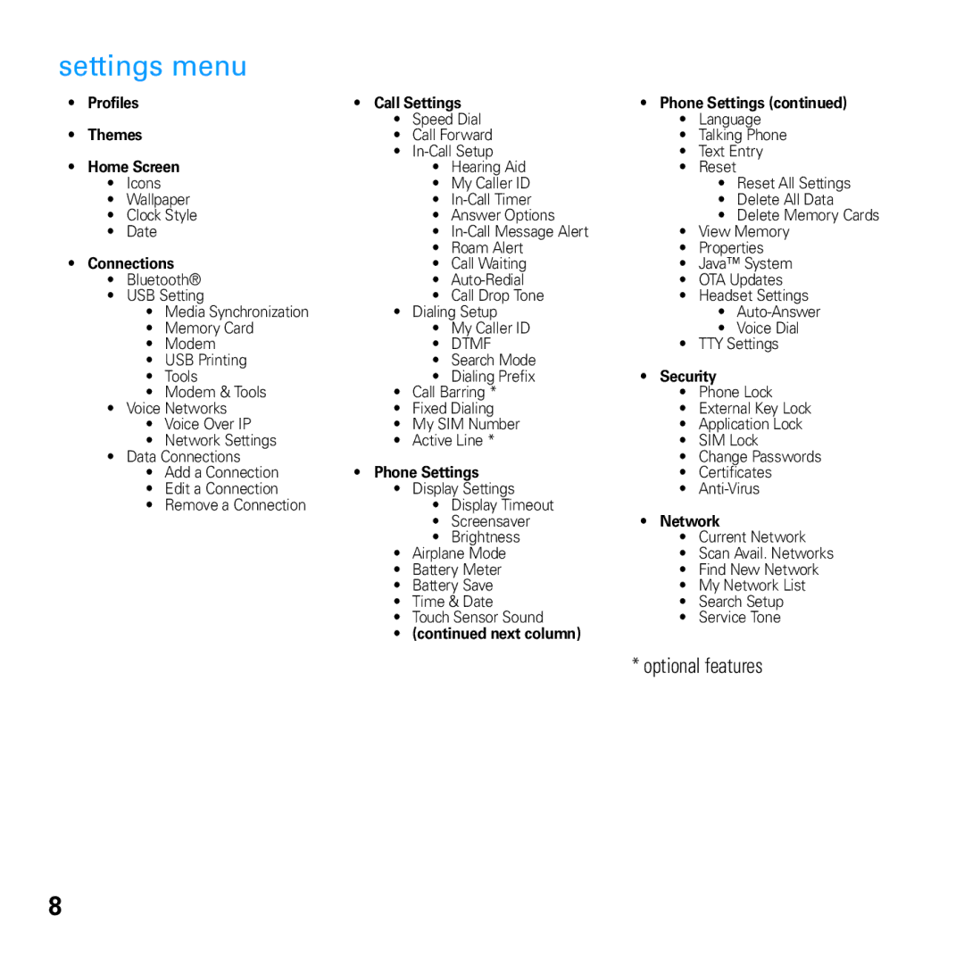 Motorola U9 manual Settings menu, Home Screen 