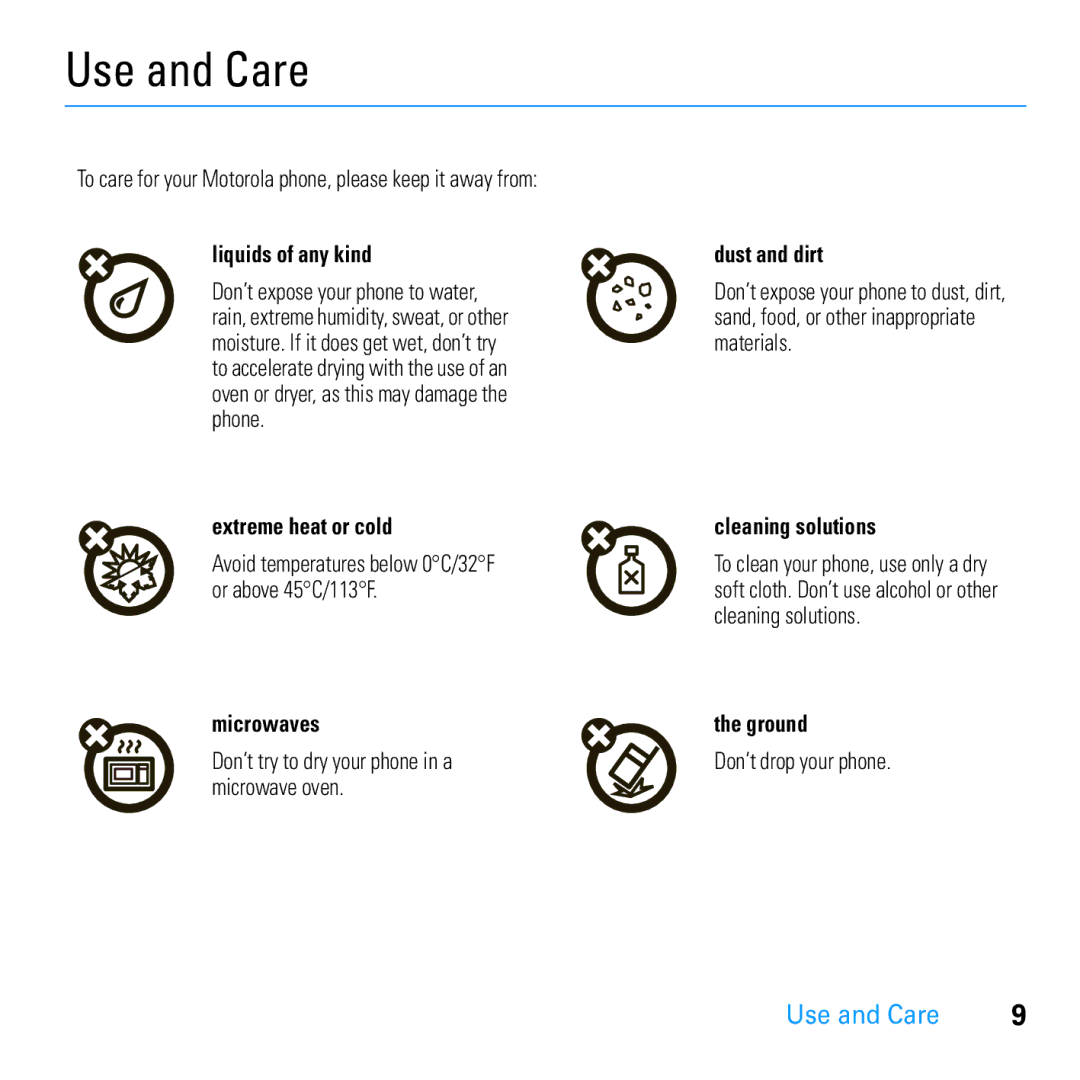 Motorola U9 manual Use and Care 