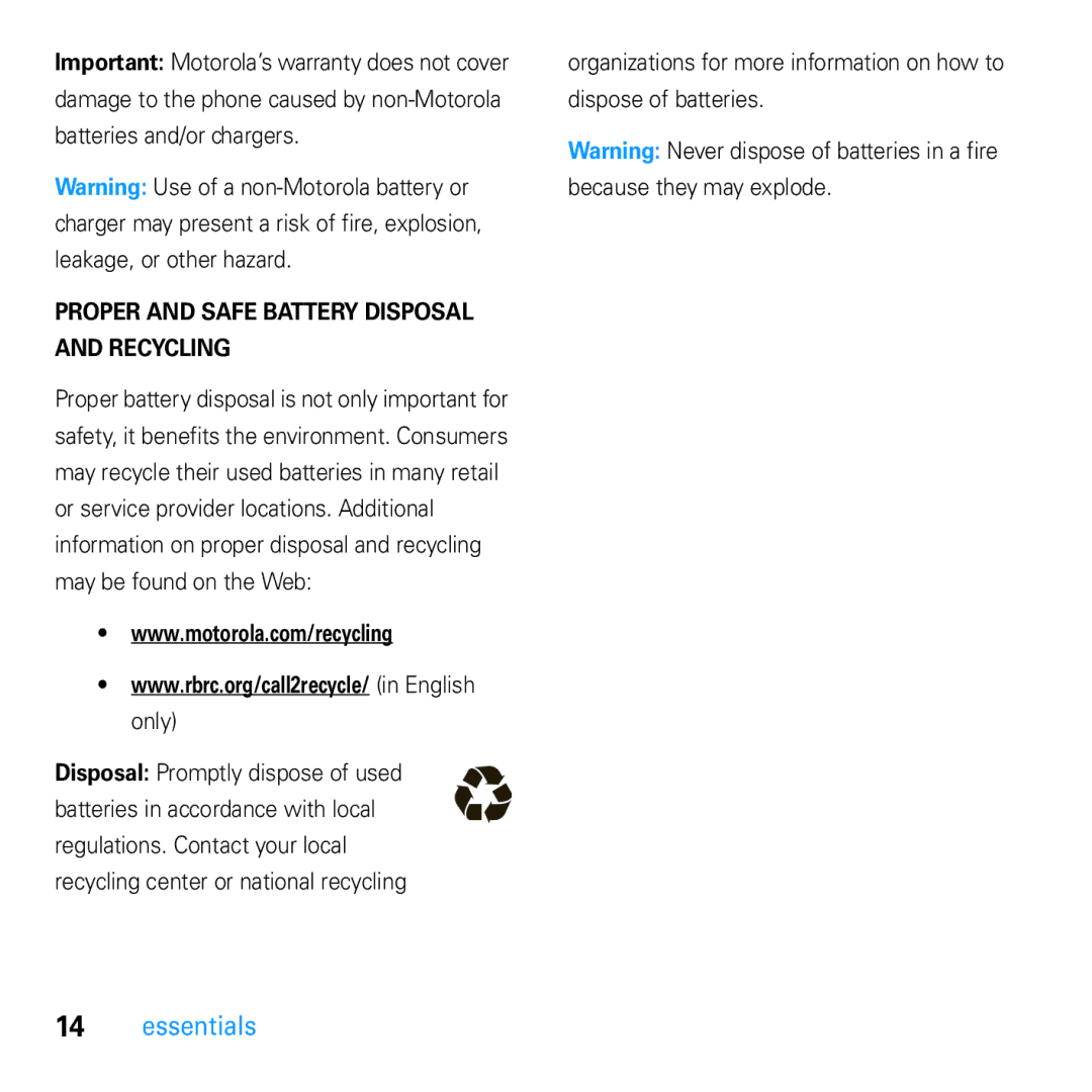 Motorola U9 manual Proper and Safe Battery Disposal Recycling 