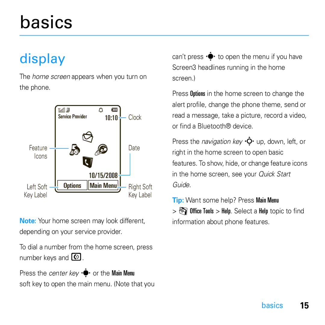 Motorola U9 manual Basics, Display, Home screen appears when you turn on Phone 