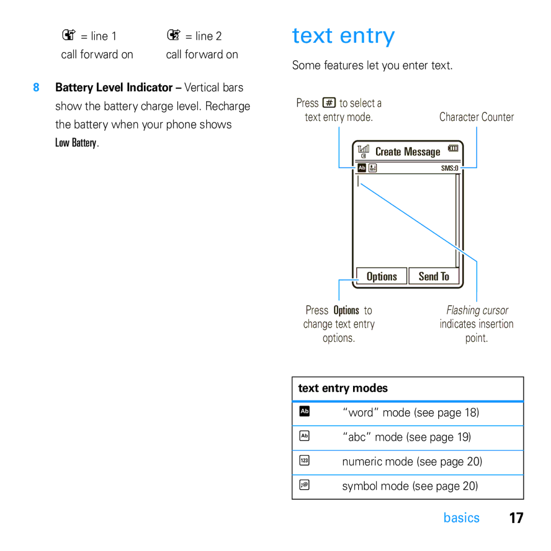 Motorola U9 manual = line Call forward on, Some features let you enter text, Text entry modes 