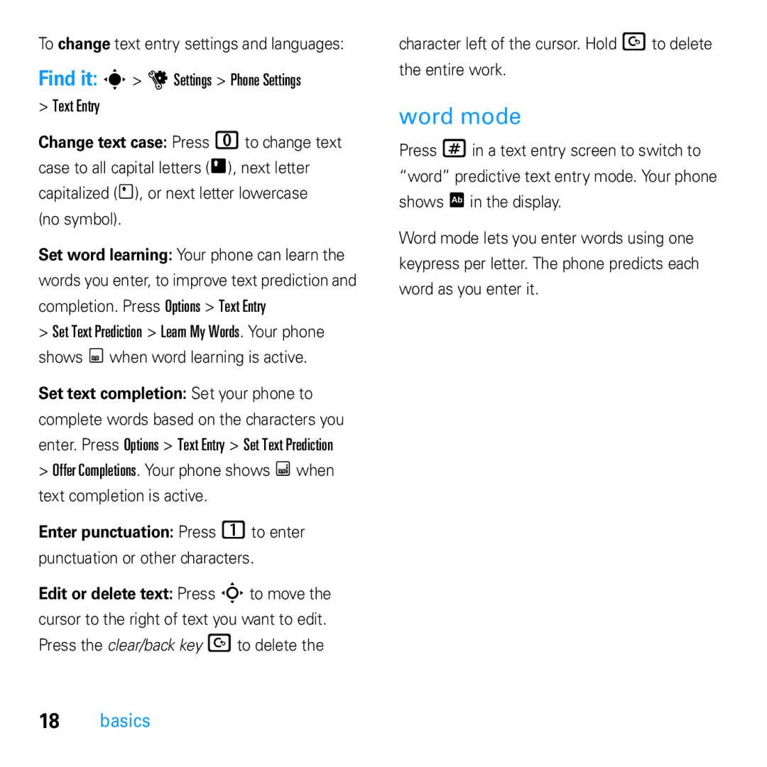 Motorola U9 manual Word mode, Enter punctuation Press 1to enter, Punctuation or other characters 