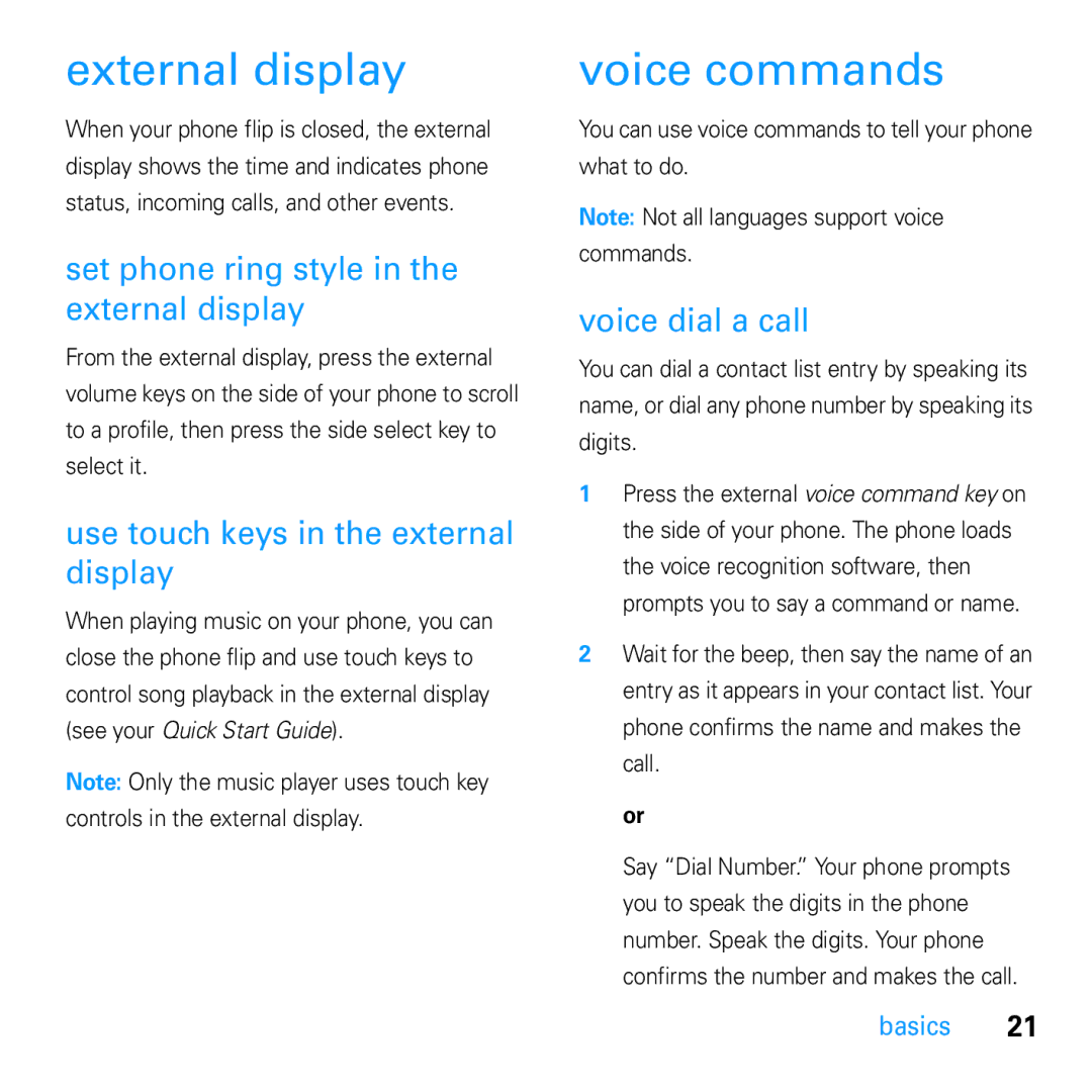 Motorola U9 manual External display, Voice commands, Set phone ring style in the external display, Voice dial a call 