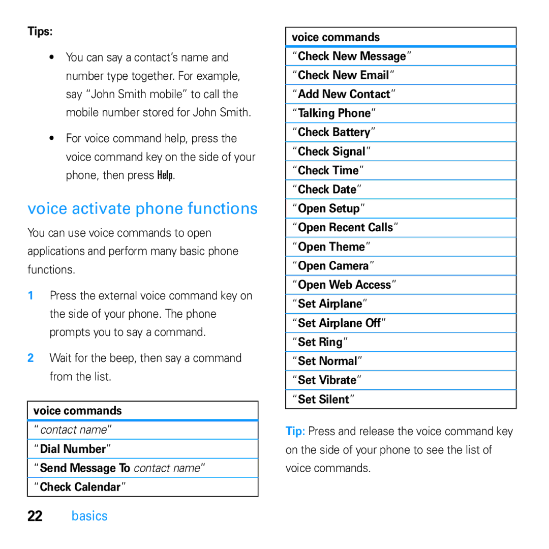 Motorola U9 Voice activate phone functions, Tips, Wait for the beep, then say a command from the list, Voice commands 