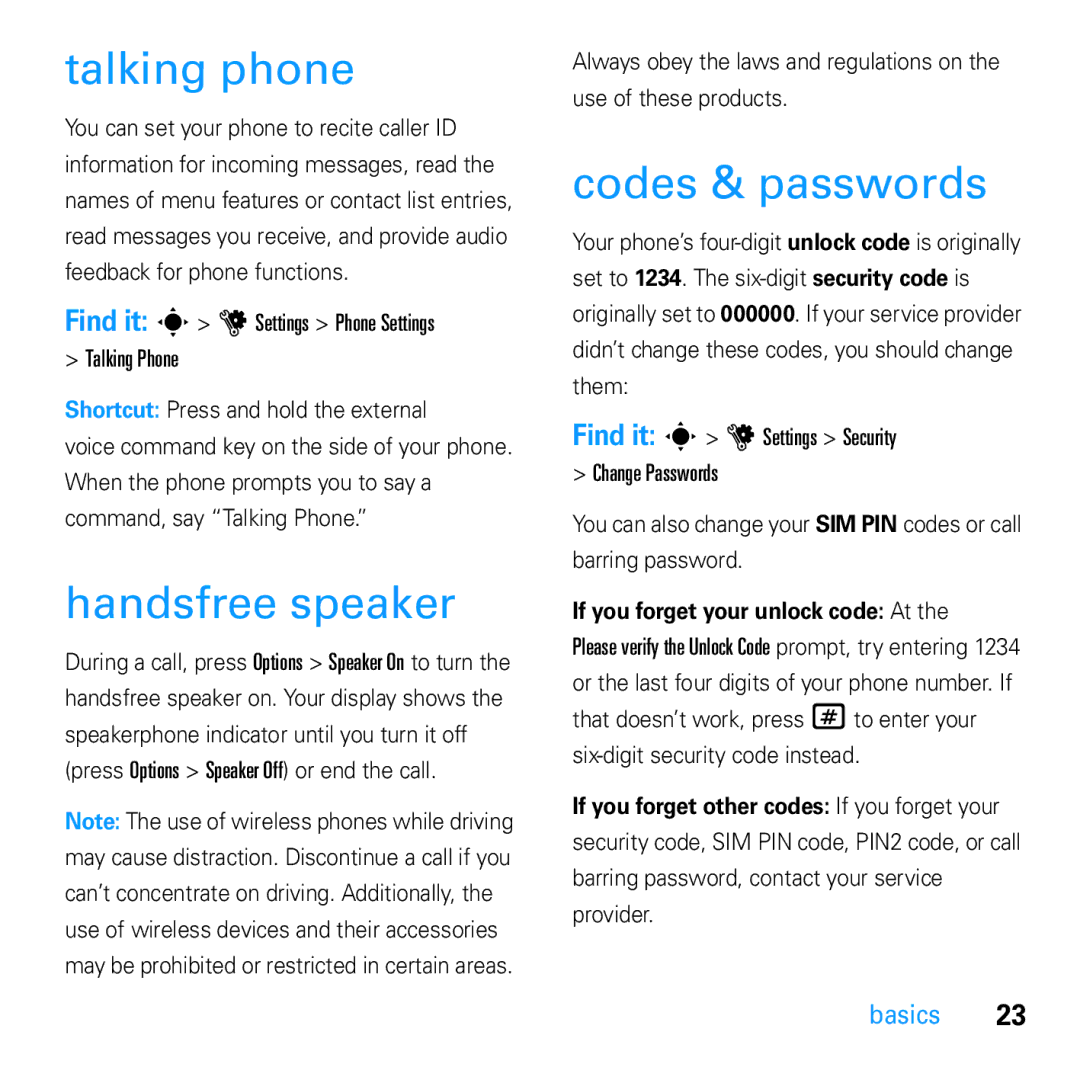 Motorola U9 manual Talking phone, Handsfree speaker, Codes & passwords, If you forget your unlock code At 