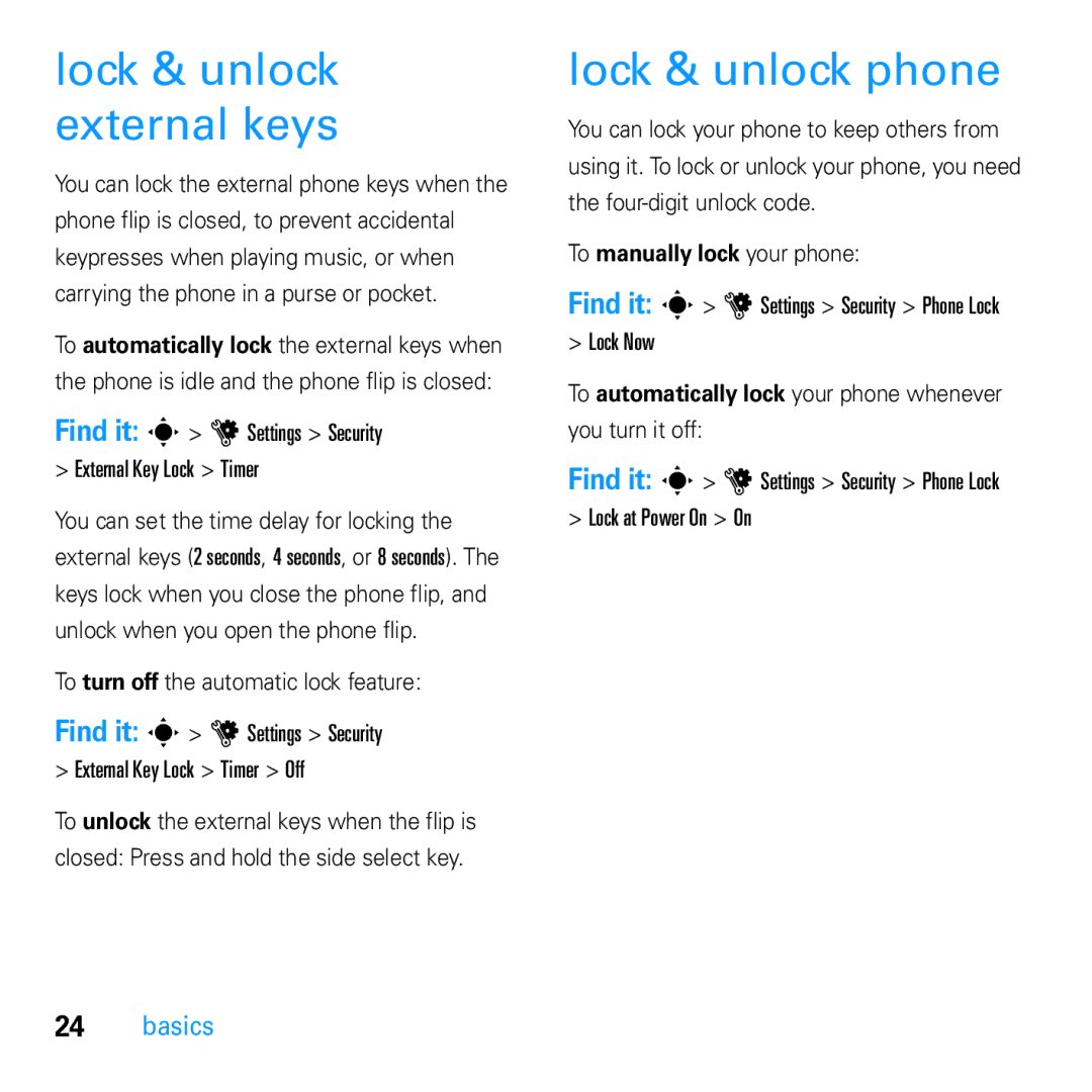 Motorola U9 manual Lock & unlock external keys, Lock & unlock phone, Find it s u Settings Security External Key Lock Timer 