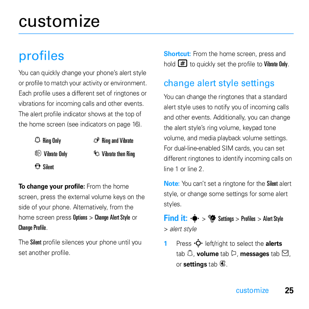 Motorola U9 manual Customize, Profiles, Change alert style settings 