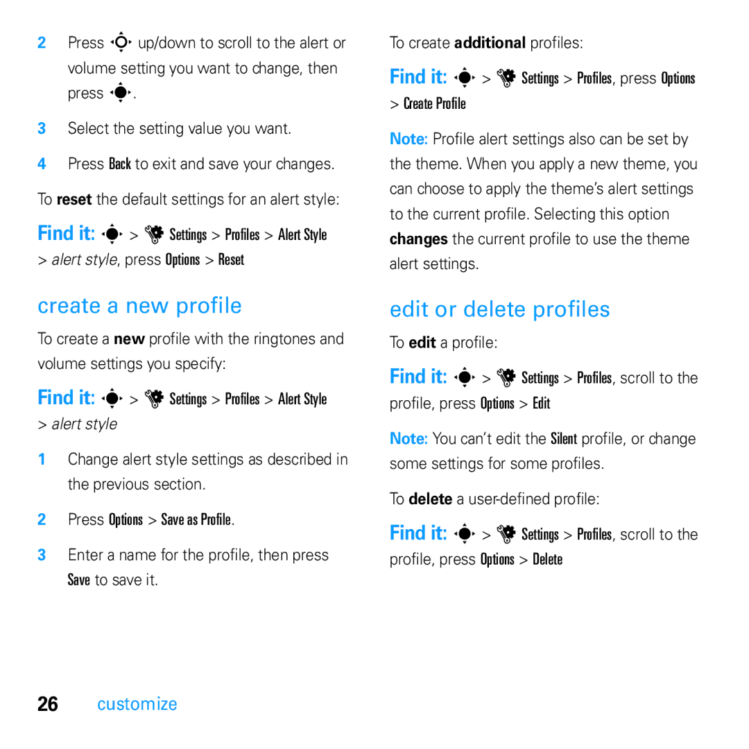 Motorola U9 manual Create a new profile, Edit or delete profiles, Alert style, press Options Reset, Create Profile 