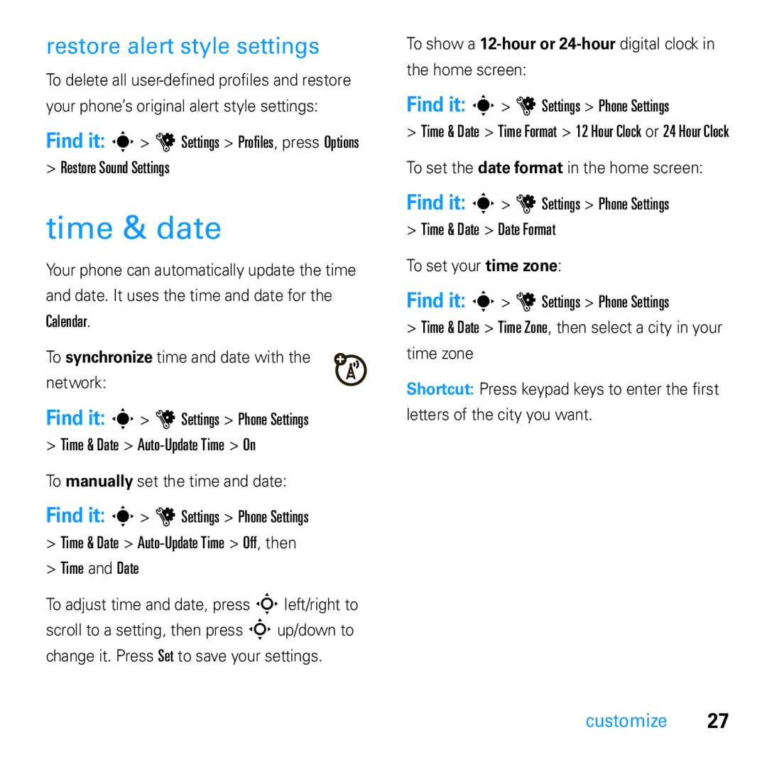 Motorola U9 manual Time & date, Restore alert style settings, Restore Sound Settings, Time and Date 