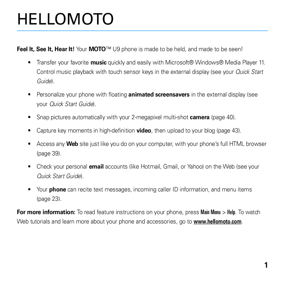 Motorola U9 manual Hellomoto 