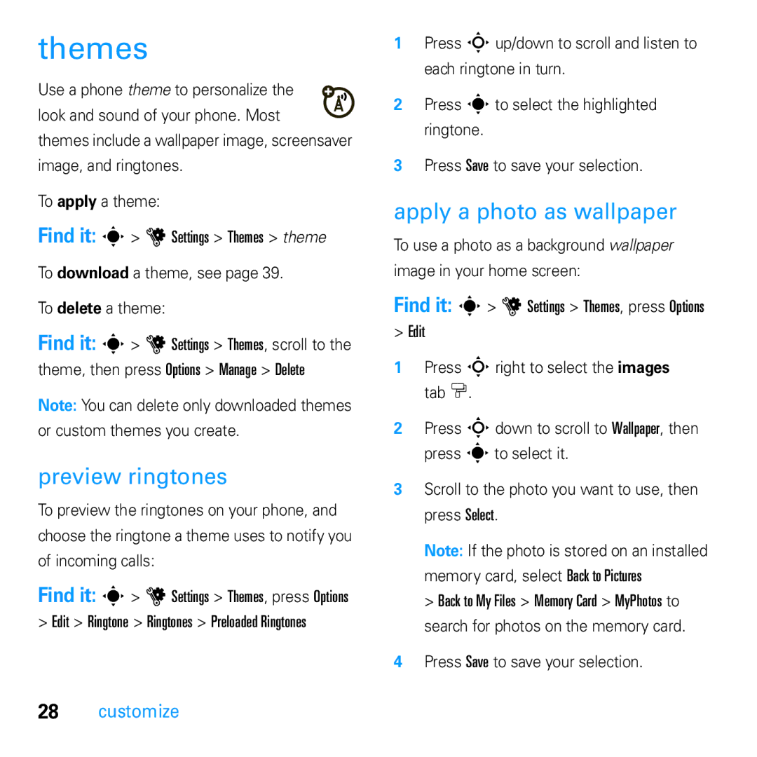 Motorola U9 manual Themes, Preview ringtones, Apply a photo as wallpaper, Edit, Press Sright to select the images tab $ 
