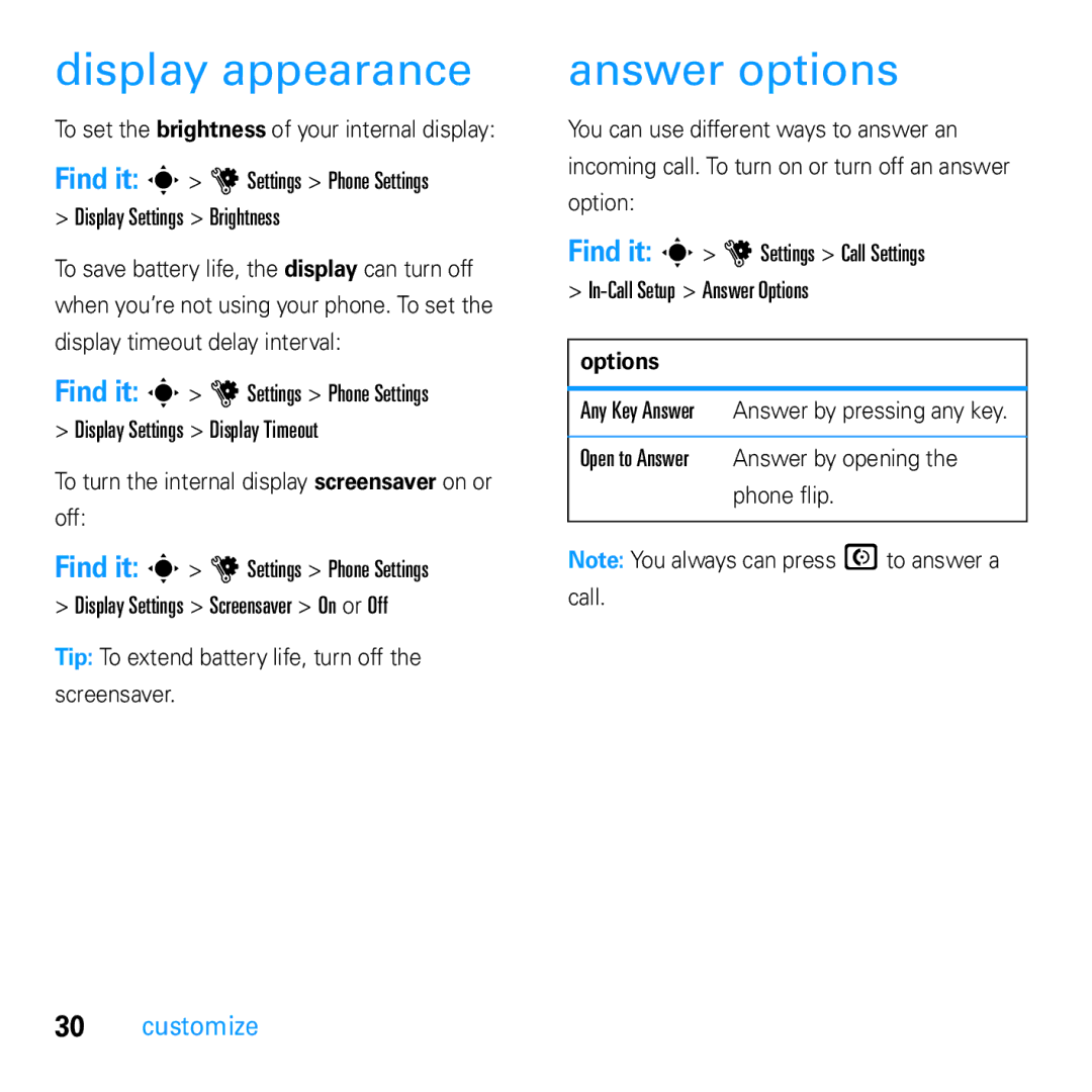 Motorola U9 manual Display appearance, Answer options, To turn the internal display screensaver on or off, Options 