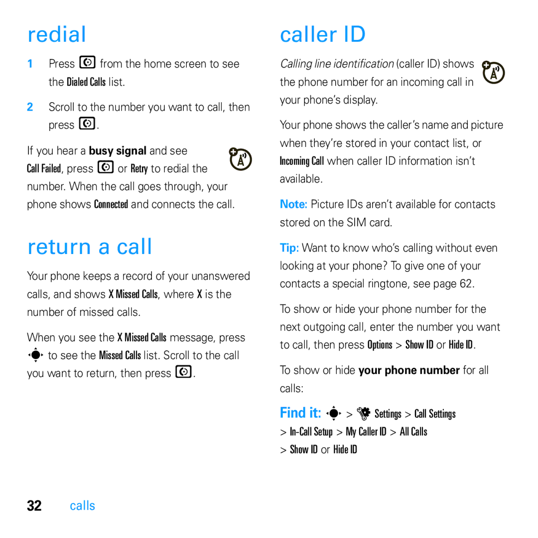 Motorola U9 manual Redial, Return a call, Caller ID, To show or hide your phone number for all calls 