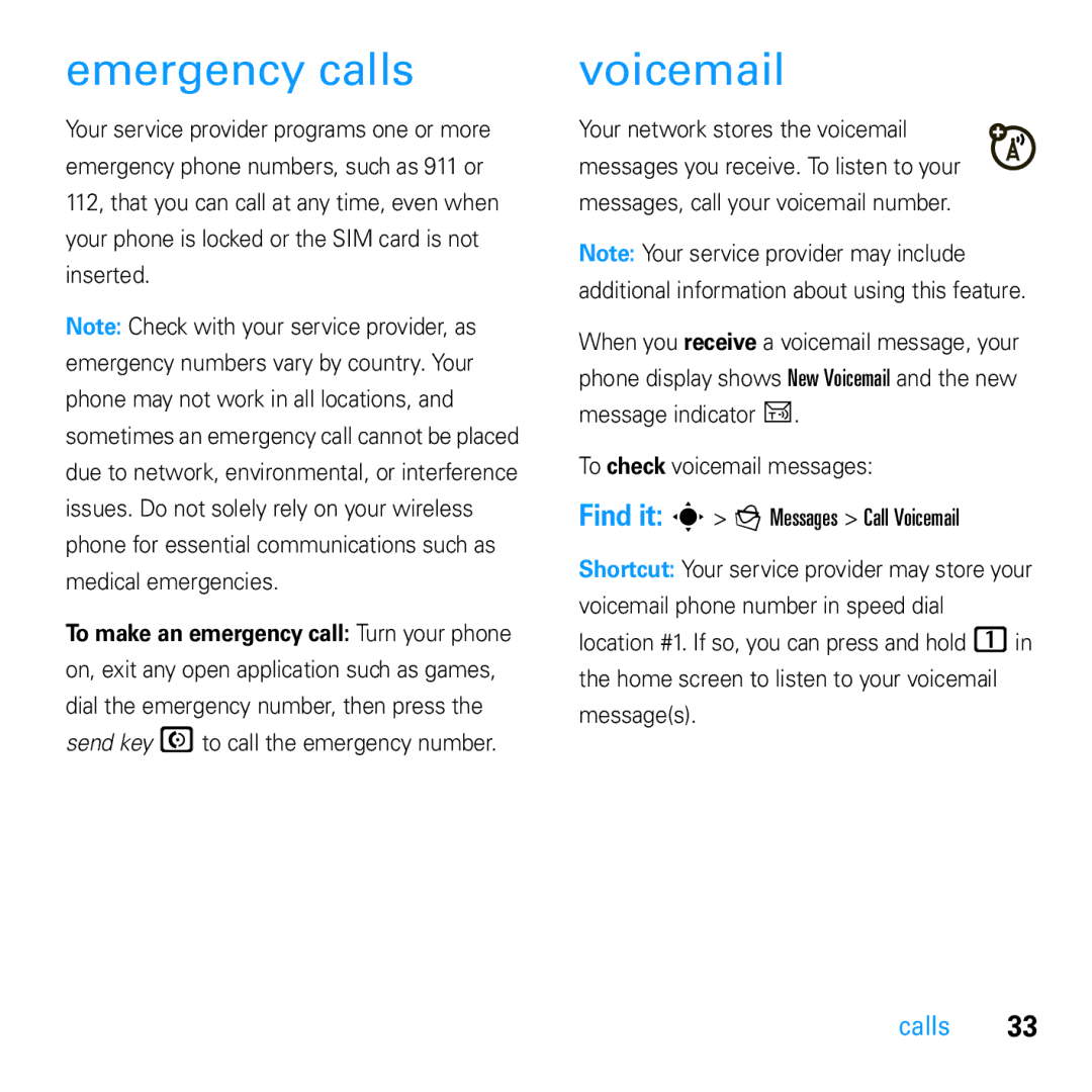 Motorola U9 manual Emergency calls, Voicemail 