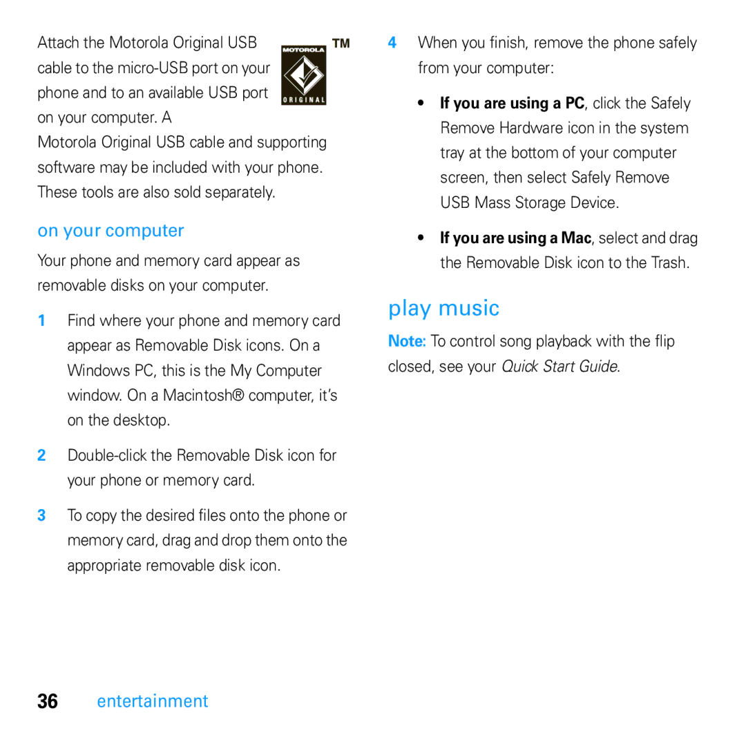 Motorola U9 manual Play music, On your computer. a, When you finish, remove the phone safely from your computer 