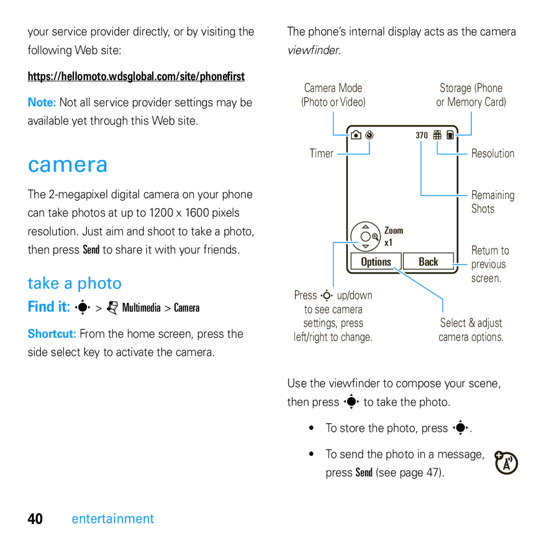 Motorola U9 manual Take a photo, Following Web site, Find it s j Multimedia Camera 