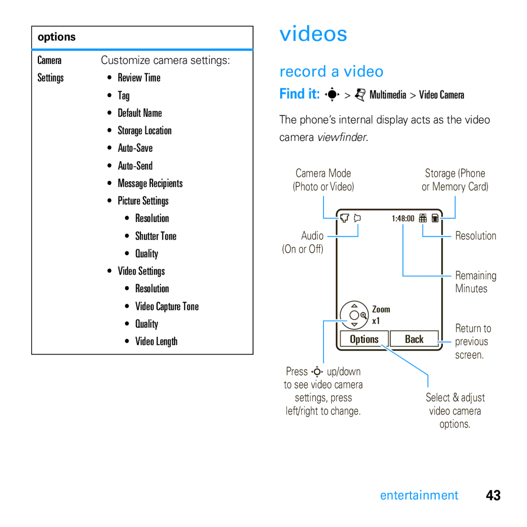 Motorola U9 manual Videos, Record a video 