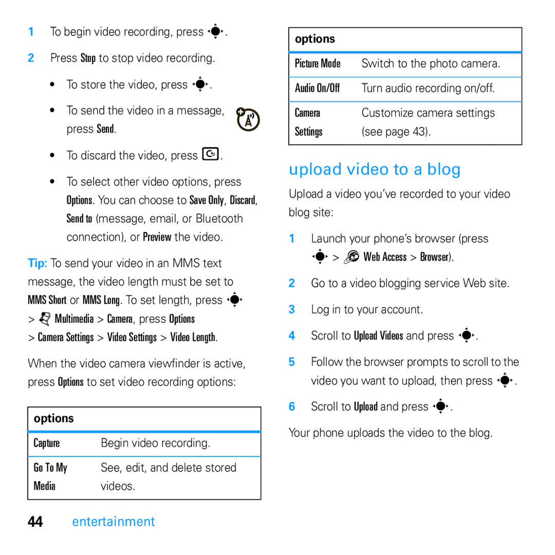 Motorola U9 manual Upload video to a blog 