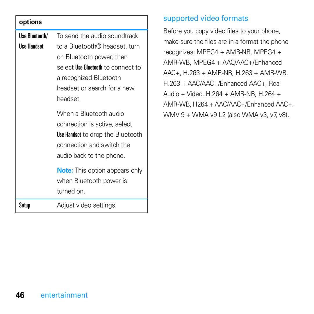 Motorola U9 manual Supported video formats 