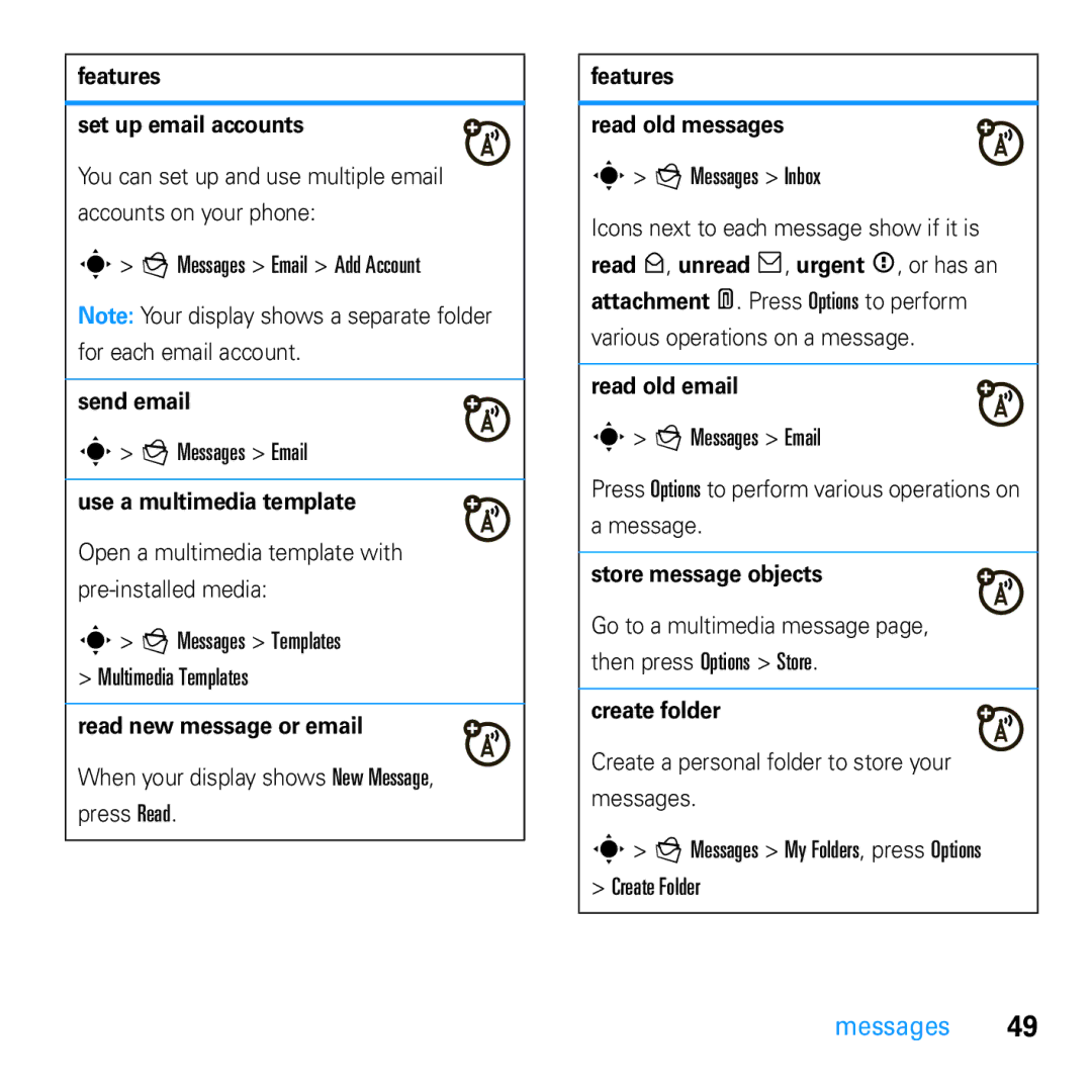 Motorola U9 manual Features Set up email accounts, Send email, Use a multimedia template, Read new message or email 