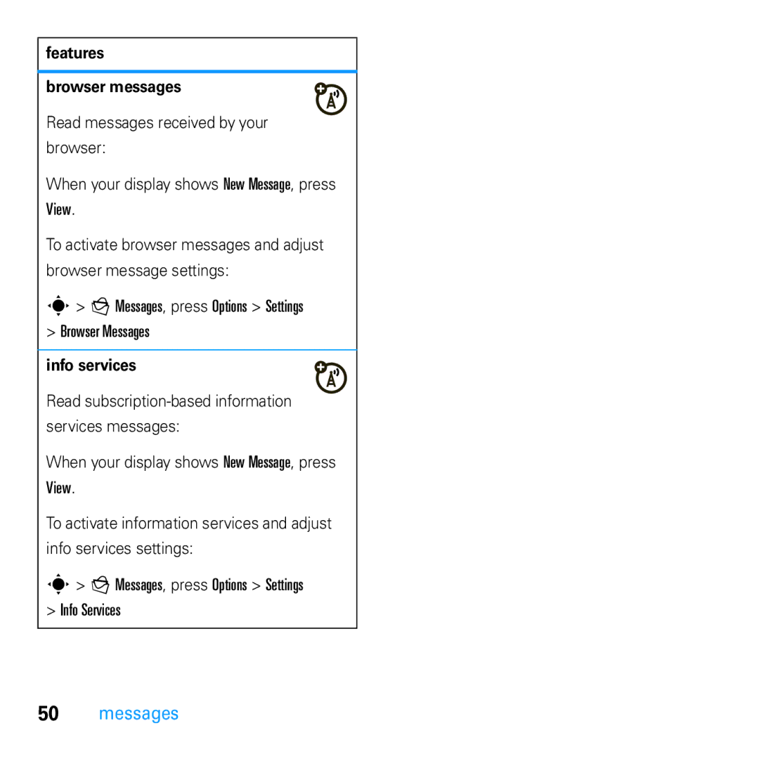 Motorola U9 manual Features Browser messages, Info services 