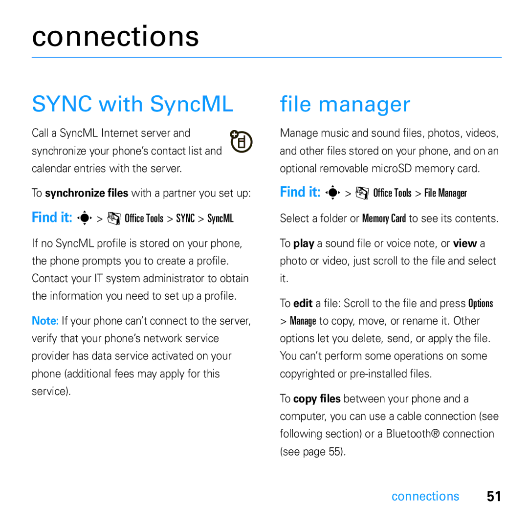 Motorola U9 manual Connections, Sync with SyncML, File manager 