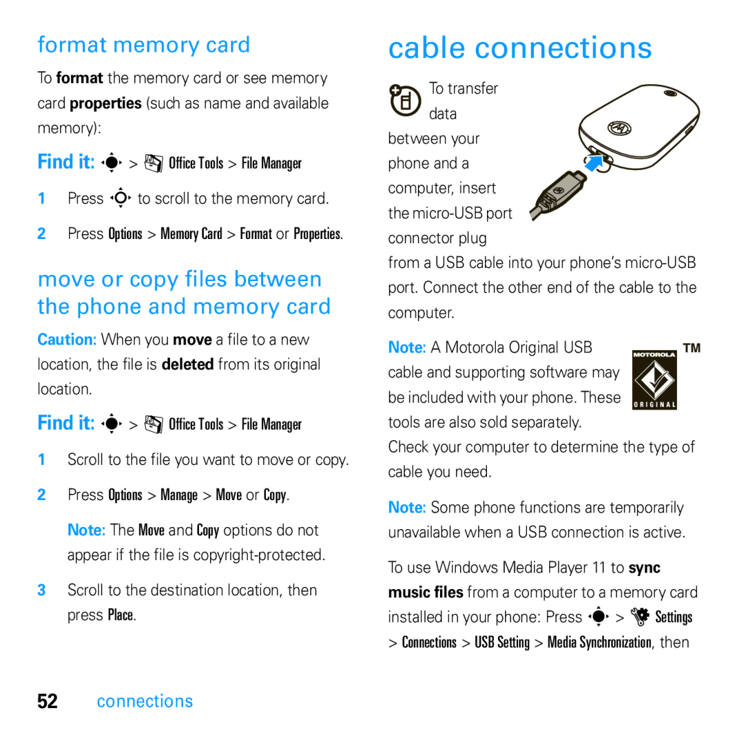 Motorola U9 manual Cable connections, Format memory card, Move or copy files between the phone and memory card 