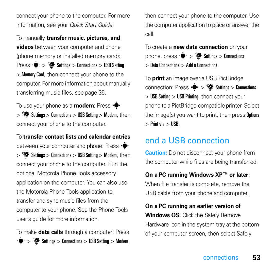 Motorola U9 End a USB connection, To manually transfer music, pictures, On a PC running Windows XP or later 