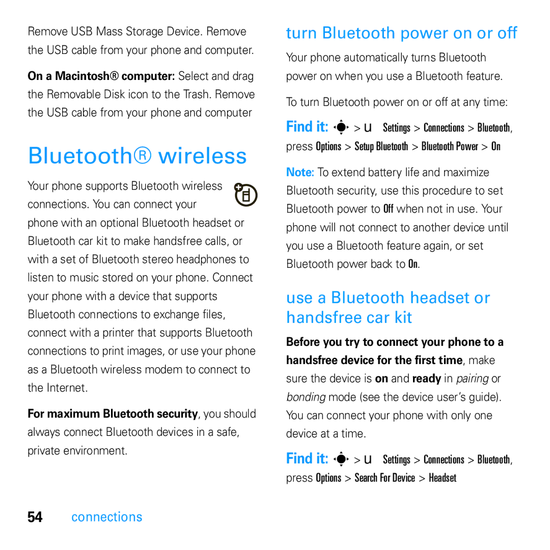 Motorola U9 manual Bluetooth wireless, Turn Bluetooth power on or off, Use a Bluetooth headset or handsfree car kit 