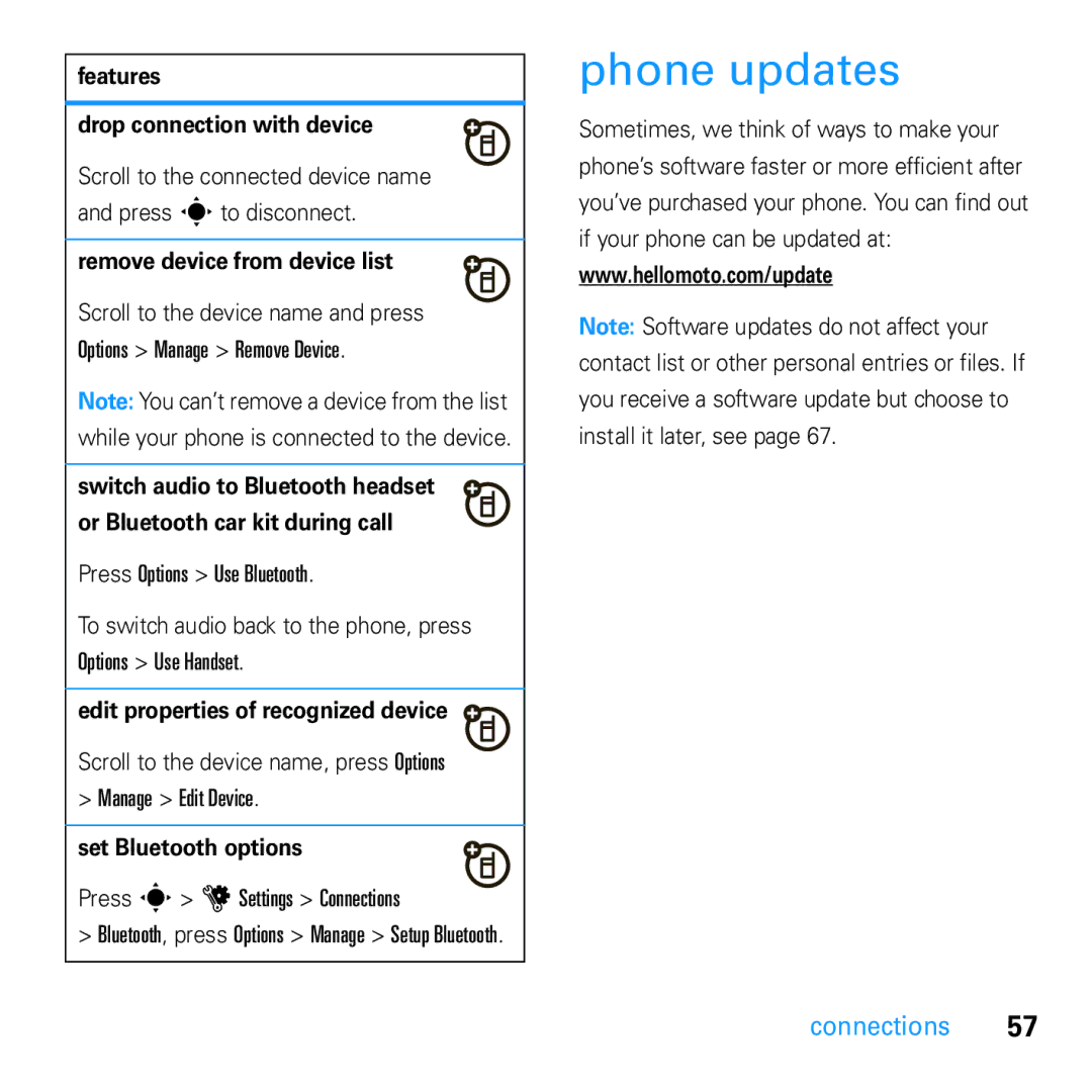 Motorola U9 Phone updates, Features Drop connection with device, Remove device from device list, Set Bluetooth options 