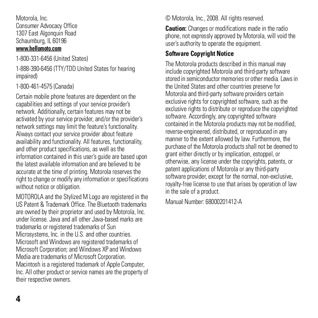 Motorola U9 manual Motorola, Inc United States Canada, Motorola, Inc., 2008. All rights reserved, Software Copyright Notice 