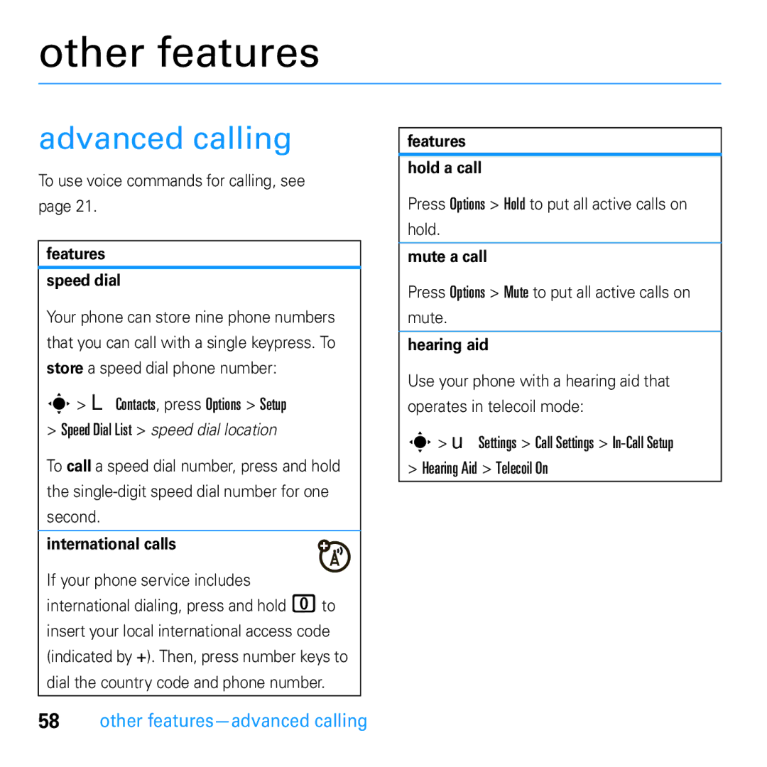 Motorola U9 manual Advanced calling, Other features-advanced calling 