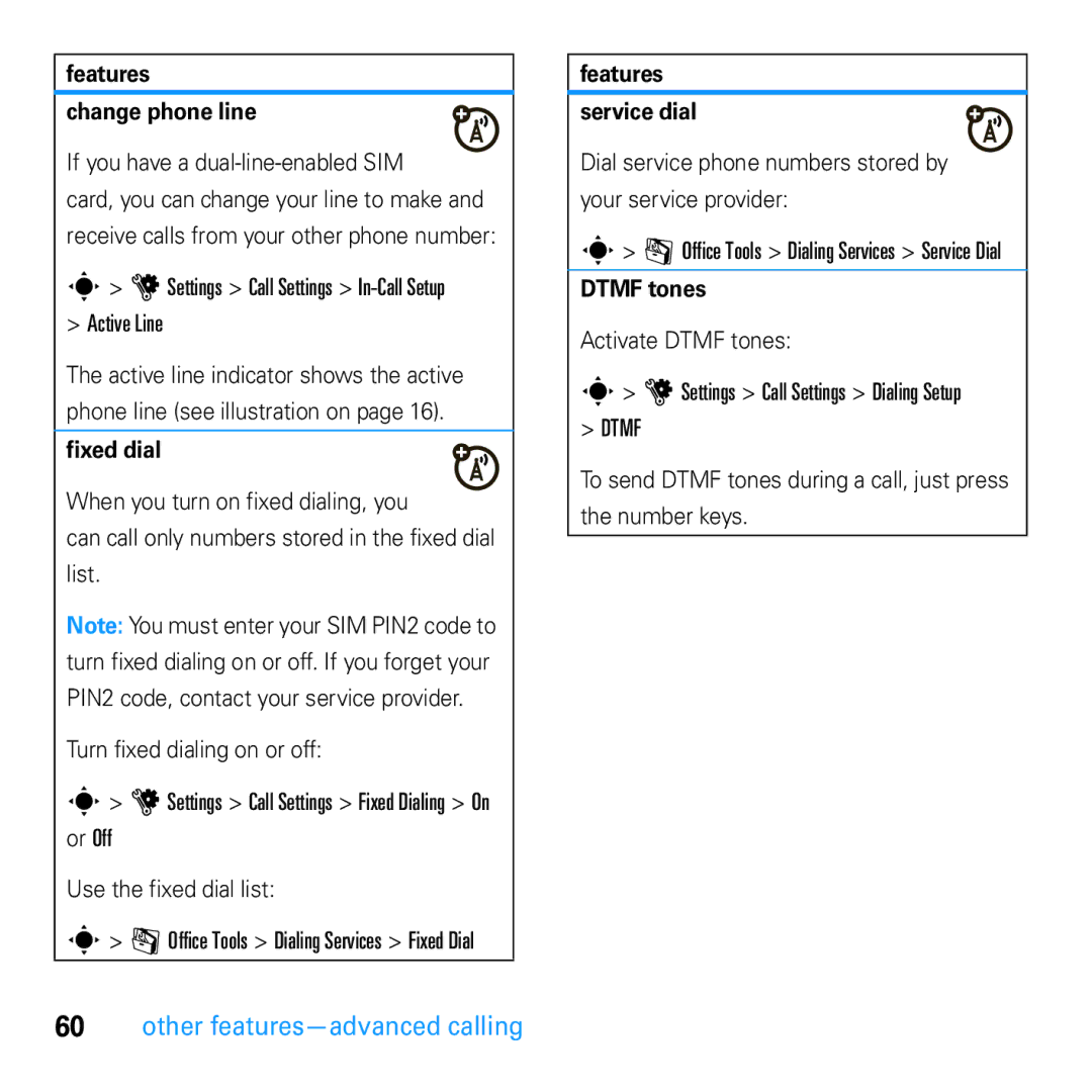 Motorola U9 manual Features Change phone line, Fixed dial, Features Service dial, Dtmf tones 