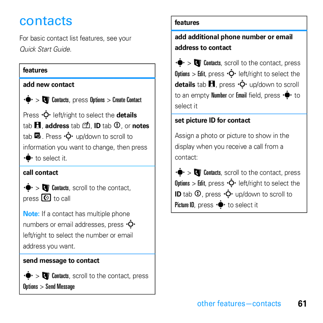 Motorola U9 manual Contacts, Other features-contacts 