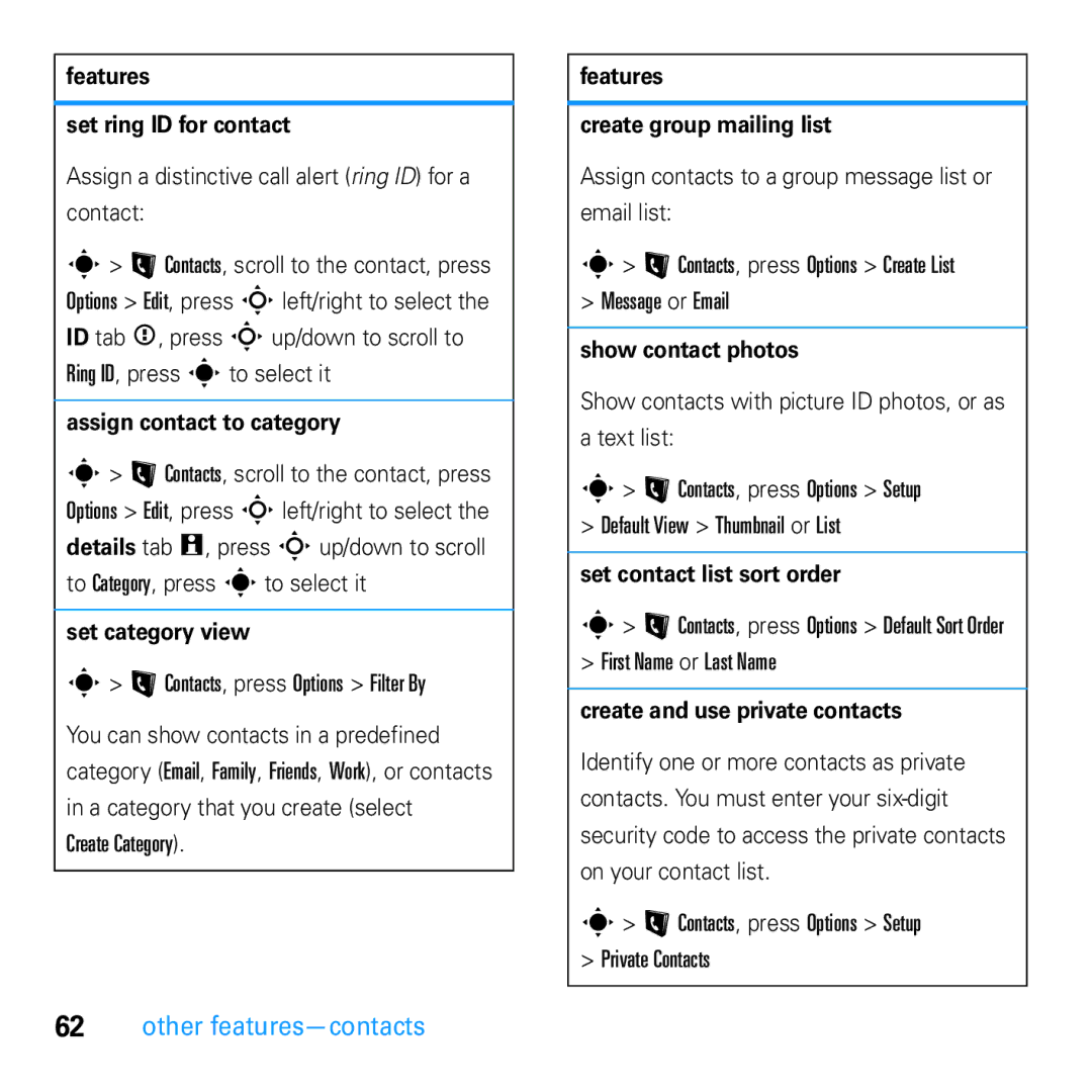 Motorola U9 manual Features Set ring ID for contact, Assign contact to category, Set category view, Show contact photos 