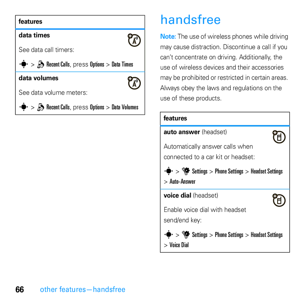 Motorola U9 manual Handsfree, Other features-handsfree 