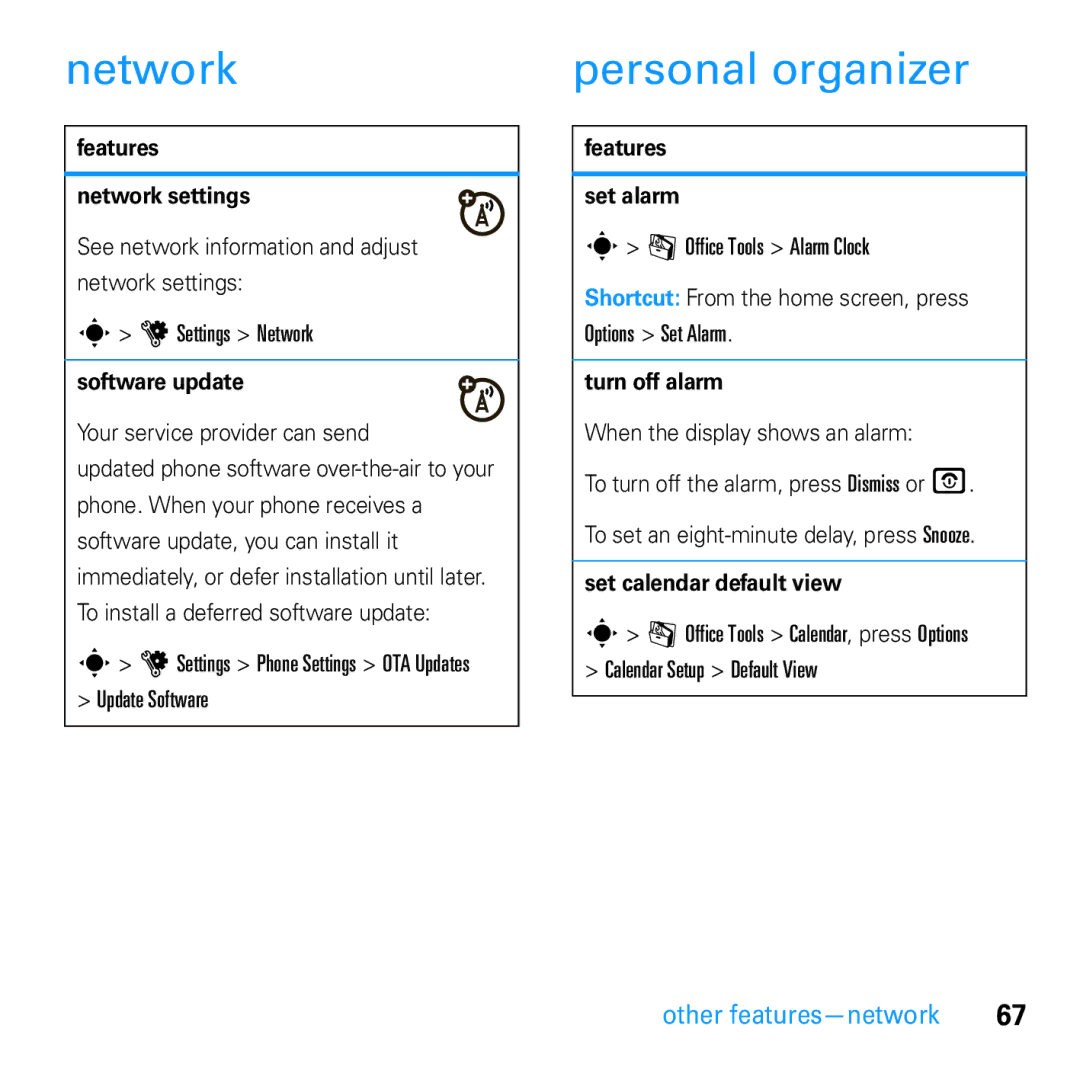 Motorola U9 manual Network, Personal organizer, Other features-network 